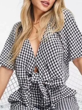 Abercrombie Navy Gingham Linen Blend Crop Top w Puff Sleeve & Tie Front Sz S